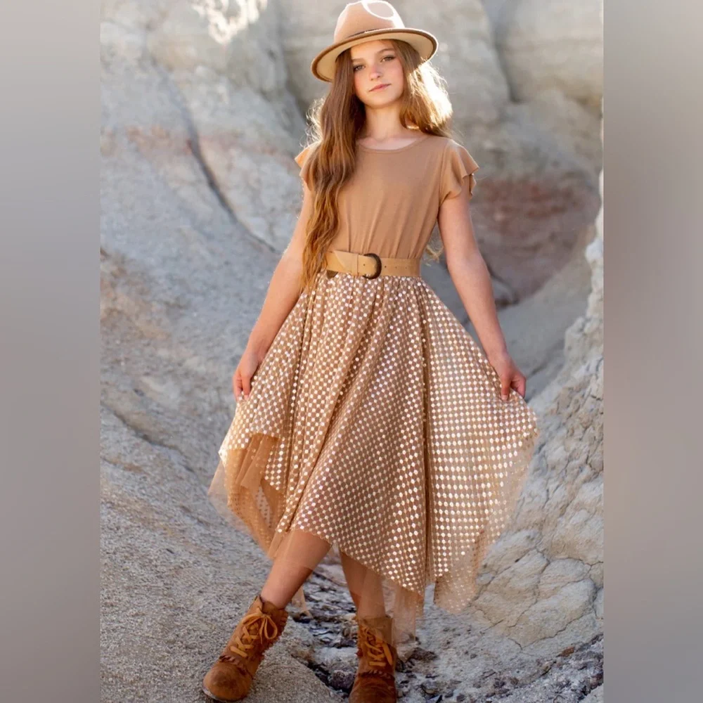Joyfolie Girls Tina Dress Light Tan‎ Sparkle Boho Western Flowing Dress NWT, 10